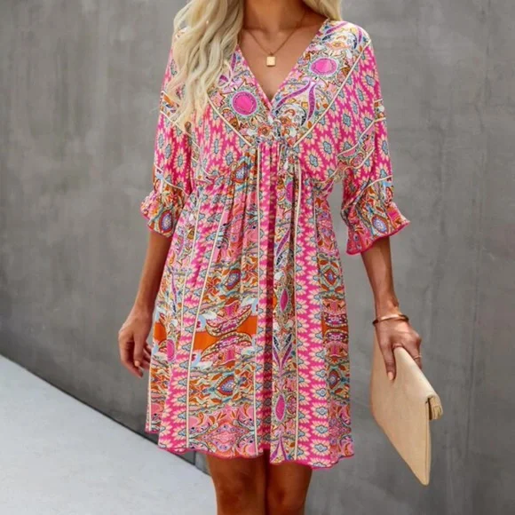 Boho Green Floral Print Ruffle Sleeve Mini Dress Cottagecore - Picture 12 of 13